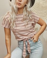  Pink Striped Rib Knit Crop Top