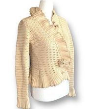 Y2K O Oscar de la Renta Cardigan Rosette Cream Loose Weave Knit Ruffle Collar