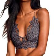 Floral Grey Lace Pull On Strappy Smocked Back Women's Bralette Size Medium