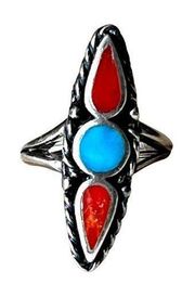 Vintage Coral and Turquoise Sterling Silver Native American Ring Sz 5.5