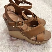 Gianni Bini Maroer Leather Wood Double Banded Wedges Brown 8.5