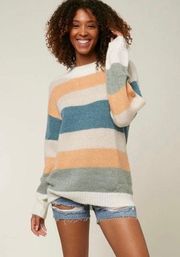 NWOT O’Neill Striped Oversized Sweater Women Sz Medium White/Mustard/Blue/Green