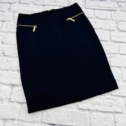 Michael Kors Gold Zipper Stretch Pencil Skirt Size 4 Navy Blue Knee Length