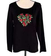 Karen Scott Large Top Holiday Poinsettia Heart Festive Christmas Long Sleeve