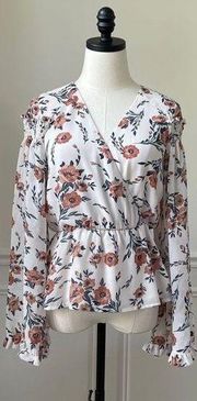 June & Hudson Bell Sleeve Crossfront Peplum Blouse Floral Chiffon M