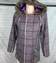 Volcom flannel/plaid double breasted jacket with Faux Fur Hood Medium