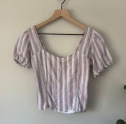 Striped Short Sleeve Crop Top Linen Rayon Ruched Neck Smocked Back XS