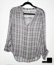 JOIE 100% Silk Gray Plaid Long Sleeve V-Neck Button Front Blouse Size XS