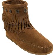 Minnetonka Dusty Brown Double Fringe Side Zip Suede Leather Bootie Moccasins 6.5