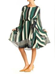 Sunday In Brooklyn Green Striped Flowy Elegant Women Large Knee Length Dress