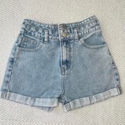 Medium Light Wash High Rise Double Button Up Denim Mom Jean Shorts Sz Xs