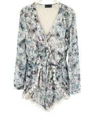 ASTR Womens Watercolor Boho Embroidered Lace Trim Long Sleeve Romper Size M Blue