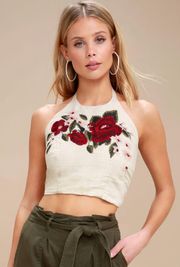 Off to the Races Beige Floral Embroidered Halter Top sz L