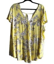 Daisy May Yellow White Floral Spring Blouse Top Tie Back Flutter Sleeves - 3X