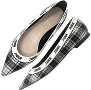 Dior J'Adior Black White Wool Tartan Print Logo Ribbon Trim Pointed Toe Flats