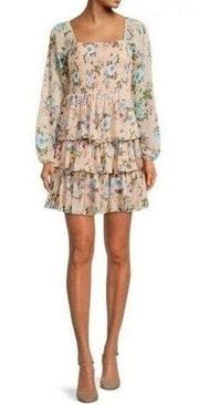 NWT Madden NYC XS Beige & Blue Floral Long Sleeve Tiered Mini Dress Cottagecore