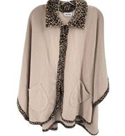 Le Moda Womens Wrap blanket Sweater Leopard Trim Full Zip Pocket Beige Tan One S