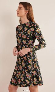NWT Boden Crew Neck Fit-and-Flare Dress in Black, Wild Cluster