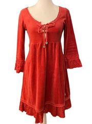 Anthro Odd Molly Red Velvet Floral Lace Detail Embroidered Boho Tunic Dress 0