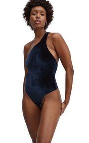 NWT Gigi Velour One Shoulder Thong Bodysuit in Navy Blue Size M