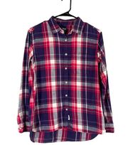 Roots Red Multicolor Plaid Cotton Long Sleeve Button Down Shirt Women Sz XS