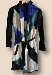 Vertigo Blue Teal Black White Geometric Open Belted Long Knit Cardigan size S