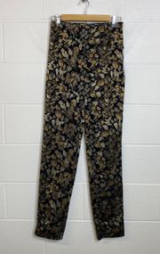 Metallic Gold Black Floral Bird Straight Leg Pants Size 4