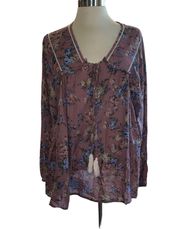 blouse floral print loose fit long sleeve peasant boho look size large