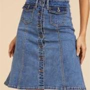 Button Down Knee Length Denim Skirt