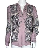 Lucky Brand Shirt Women Medium Pink Black Paisley Print Peasant Boho Bohemian