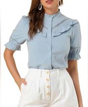 Allegra K Women's Stand Collar Short Sleeve Button Down Ruffle Neck Blouse Top M