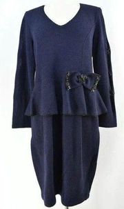 Fianona Santana Knit Peplum Cold Shoulder Beaded Sweater Dress Navy Blue Size M