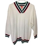 Liz & Co 90's Preppy, Tennis GreenBlue striped V Neck White Sweater Size Medium