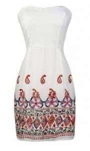 Mystic Strapless Midi Dress w/ Embroidered Pattern at Hem White Small