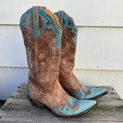 Old Gringo weathered tan and Robbins egg blue overlay point toe cowgirl boots