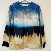 Women’s Mountain Landscape Lightweight Sweater Gray & Navy NWOT