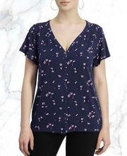 NWT Market & Spruce V-neck Short Sleeve Navy and Pink Floral Blouse