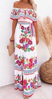 White Floral Ruffled Off the Shoulder Boho Maxi Dress