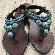 Mystique green & turquoise studs leather sandals size 6