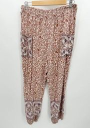 Charlie Paige Pants Women XL Pink Cream Printed Smocked Elastic Waist Rayon