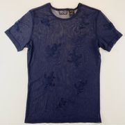New York & Company Navy Blue Floral Mesh Sheer T-shirt Sexy Layering Medium Top
