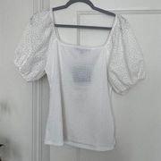 White Cotton Ruched Short Crochet Puff Sleeve Top Size Medium NWT