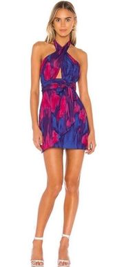 Hepburn Tie Dye Crossover Halter Mini Dress | Pink Blue | XS