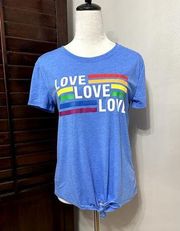 Well Worn Womens T-Shirt Love Rainbow Blue Graphic Short Sleeve Front Knot M