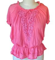 ALLISON BRITTNEY Women's Salmon Pink Embroidered Boho Blouse ~ LARGE