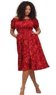 New Torrid Dress Womens 6X Midi Floral Print Off Shoulder Peasant Tassel Red