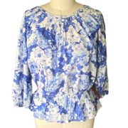 IZOD Ladies Blue & White Floral Peasant Blouse ~ 3/4 Length Sleeves ~ Size XL