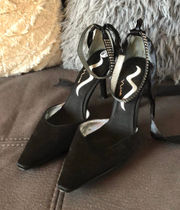 NINA Black Satin Adjustable Ankle Heels Size 6.5