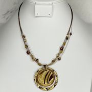 Chico's Hammered Metal Pendant On Multi Strand Beaded Gold Tone Necklace