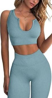 QINSEN Workout Outfits for Women 2 Piece Ribbed  